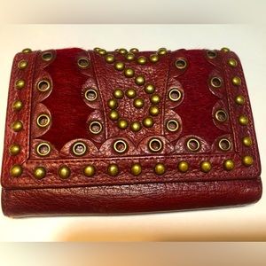 ISABELLA FIORE  Red Leather Horse Hair brass stud LRG tri-fold wallet BEAUTIFUL!